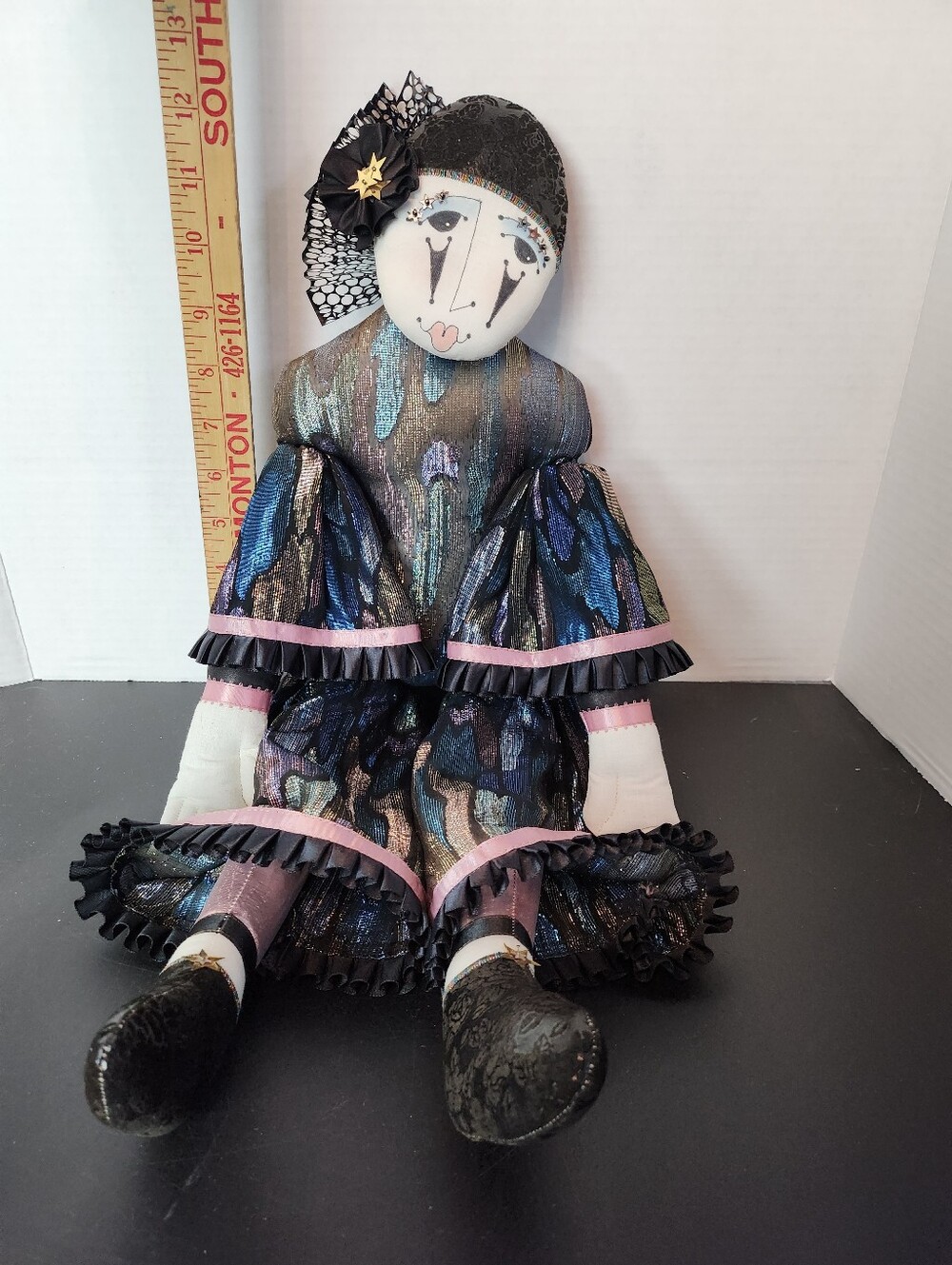 Handmade Pierrot Harlequin Clown Art Doll Metallic Costume Vintage - Picture 11 of 11